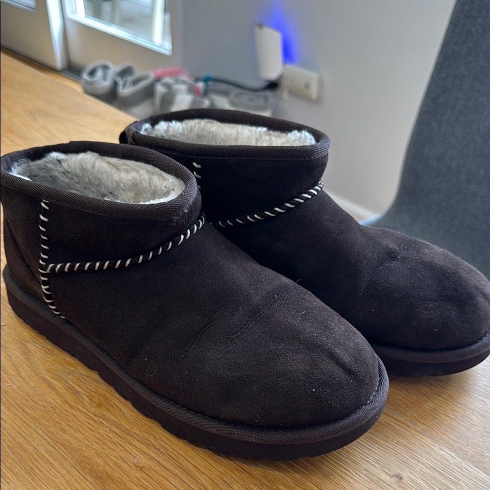 UGG X MADHAPPY Brown Ankle Boots with White Stitching